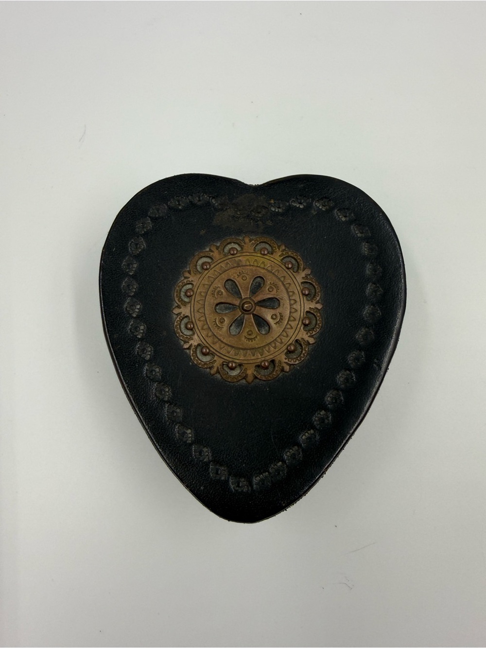 Vintage Heart Shaped Leather Trinket Jewelry Box Brass Medallion Floral Embossed